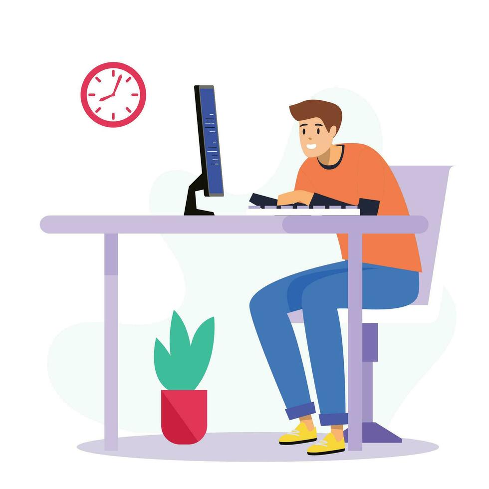 Man working on computer in office. Vector illustration in flat style.