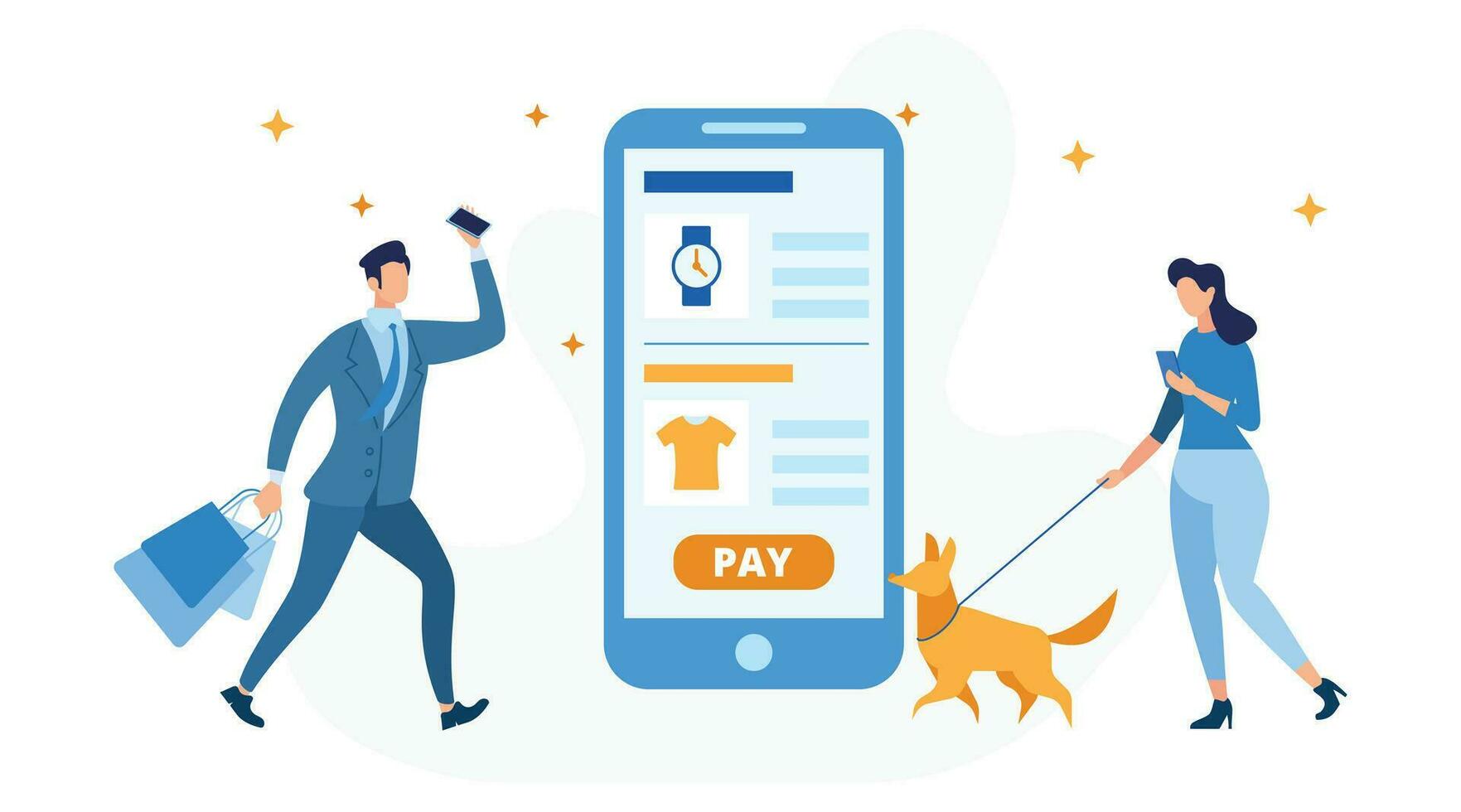 Online shopping concept. Man and woman with smartphone and dog. Vector illustration