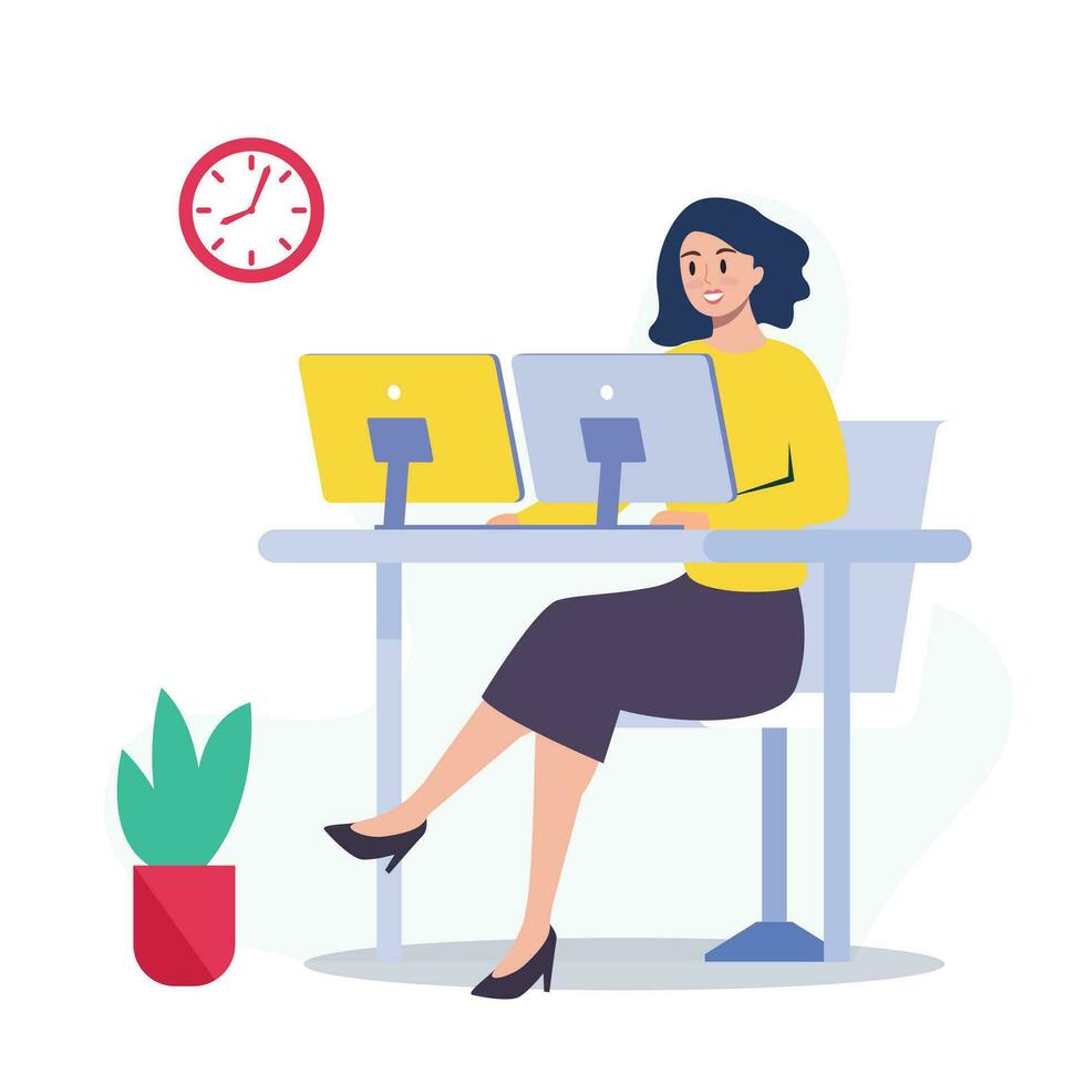 Businesswoman working on computer at office. Vector illustration in flat style