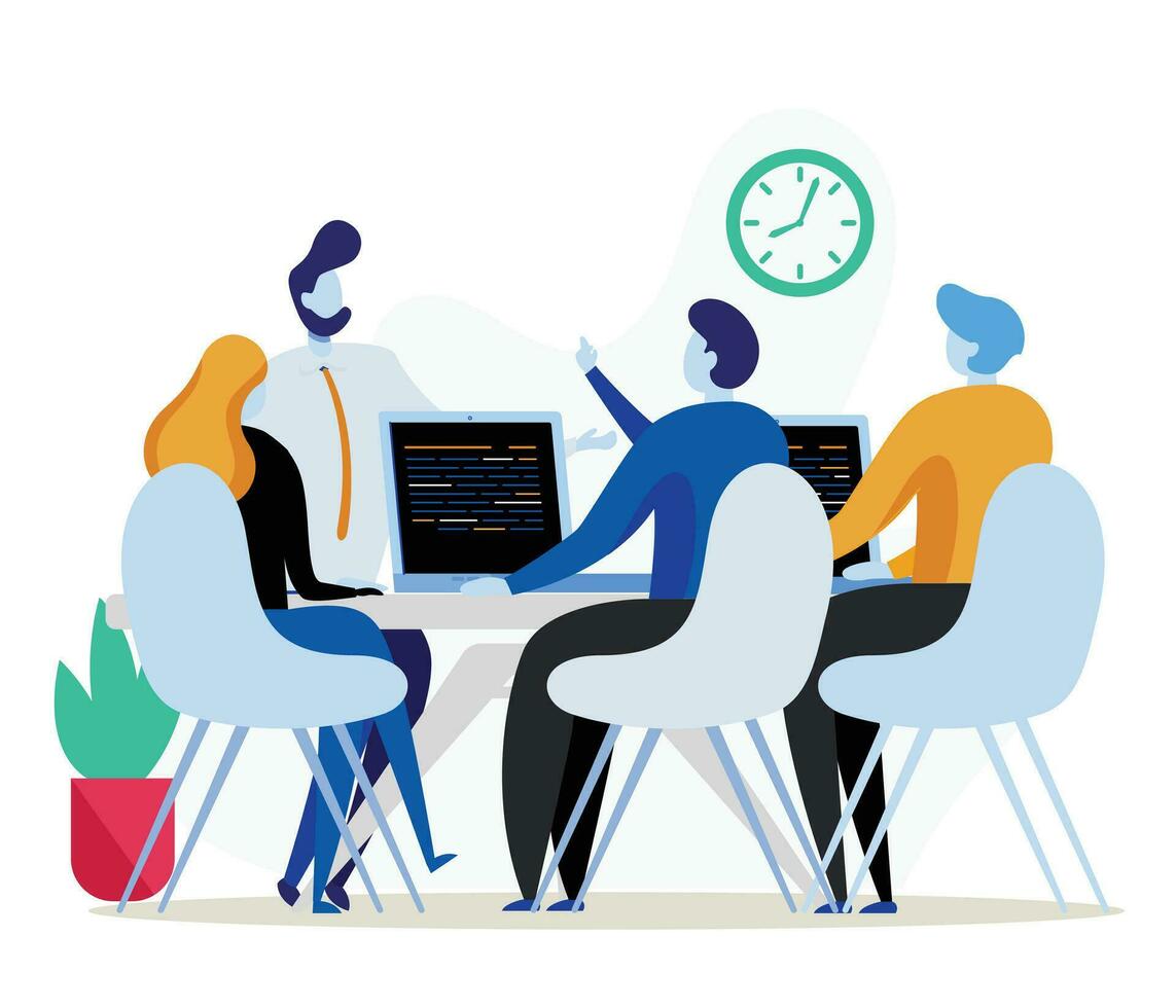 Teamwork process, Man and woman working together in the office, Vector illustration