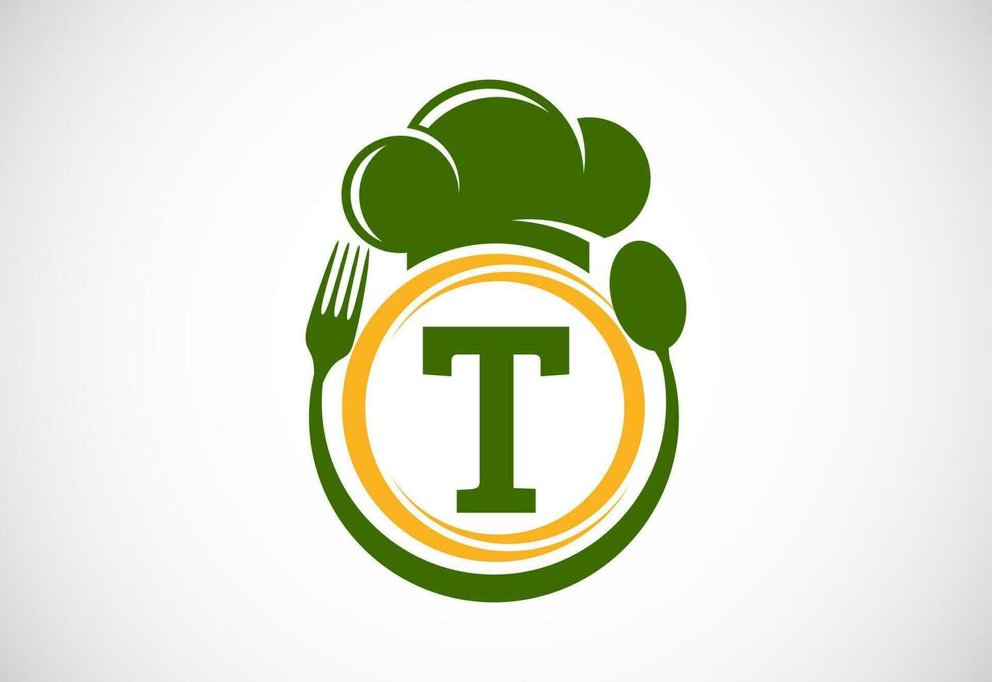 inicial alfabeto t con cocinero sombrero, cuchara y tenedor. moderno vector logo para cafetería, restaurante, Cocinando negocio, y empresa identidad