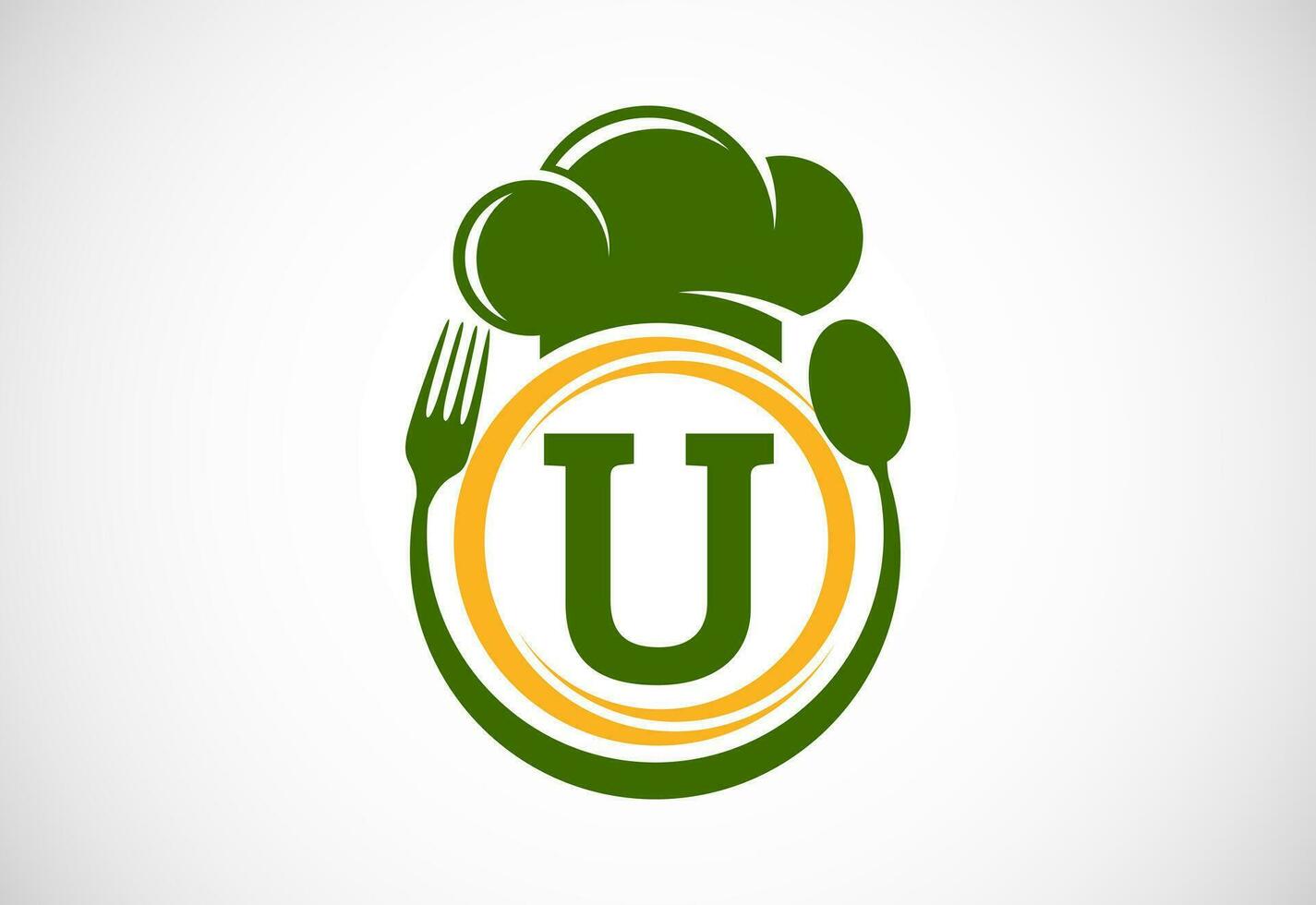 Initial alphabet U with chef hat, spoon and fork. Modern vector logo for cafe, restaurant, cooking business, and company identity