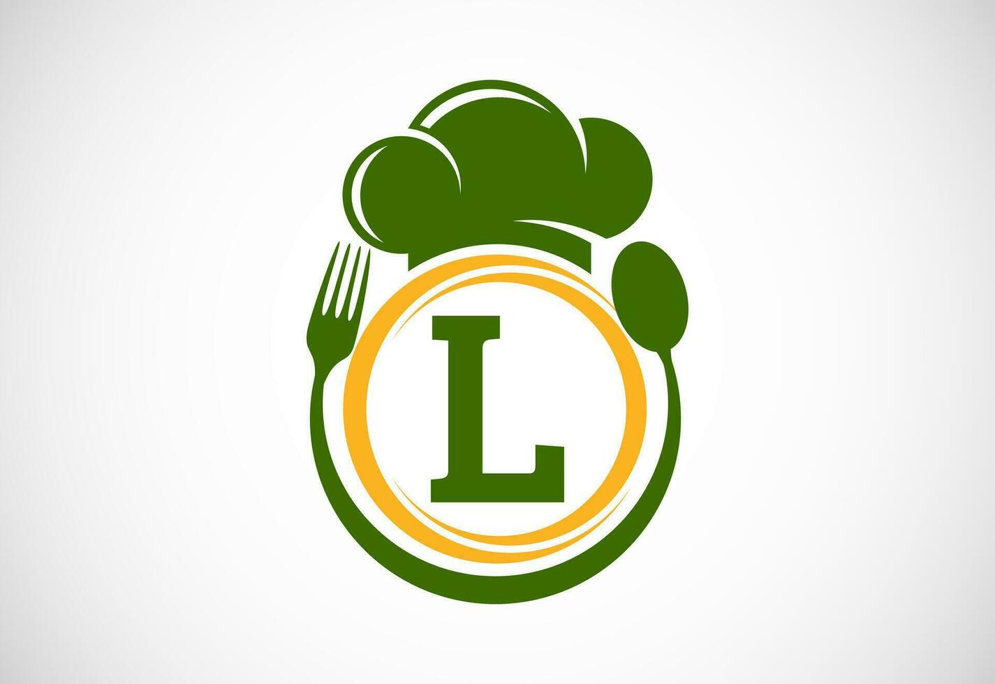 inicial alfabeto l con cocinero sombrero, cuchara y tenedor. moderno vector logo para cafetería, restaurante, Cocinando negocio, y empresa identidad
