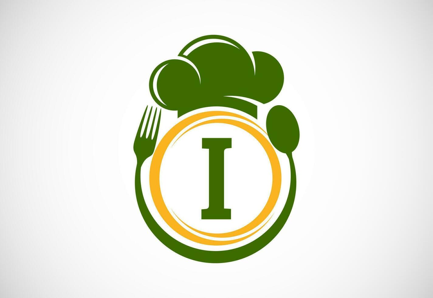 Initial alphabet I with chef hat, spoon and fork. Modern vector logo for cafe, restaurant, cooking business, and company identity