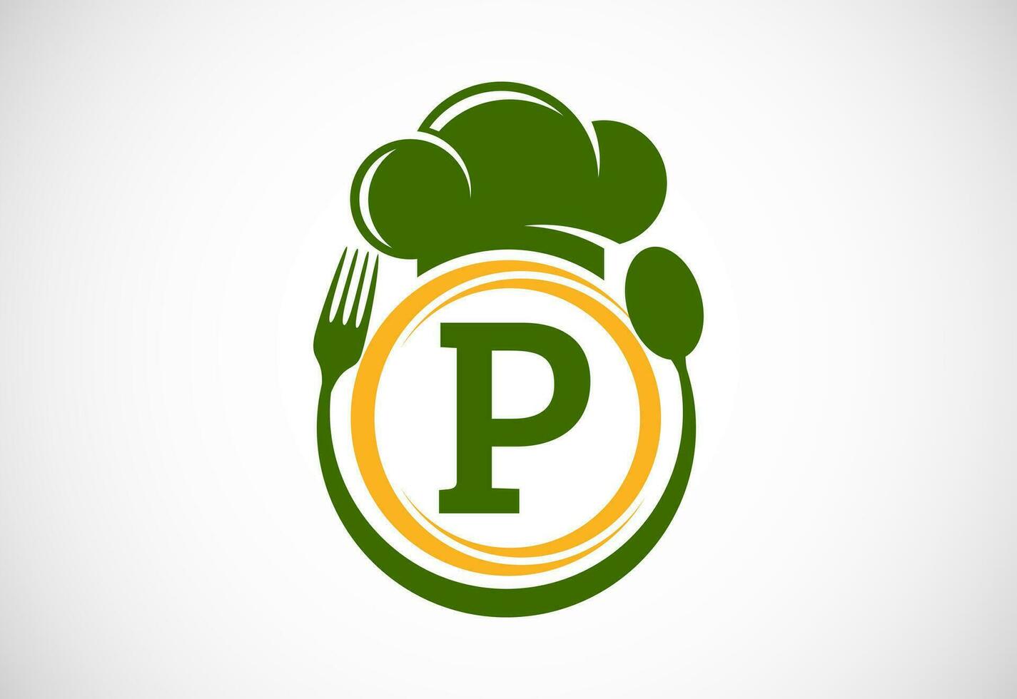 inicial alfabeto pags con cocinero sombrero, cuchara y tenedor. moderno vector logo para cafetería, restaurante, Cocinando negocio, y empresa identidad