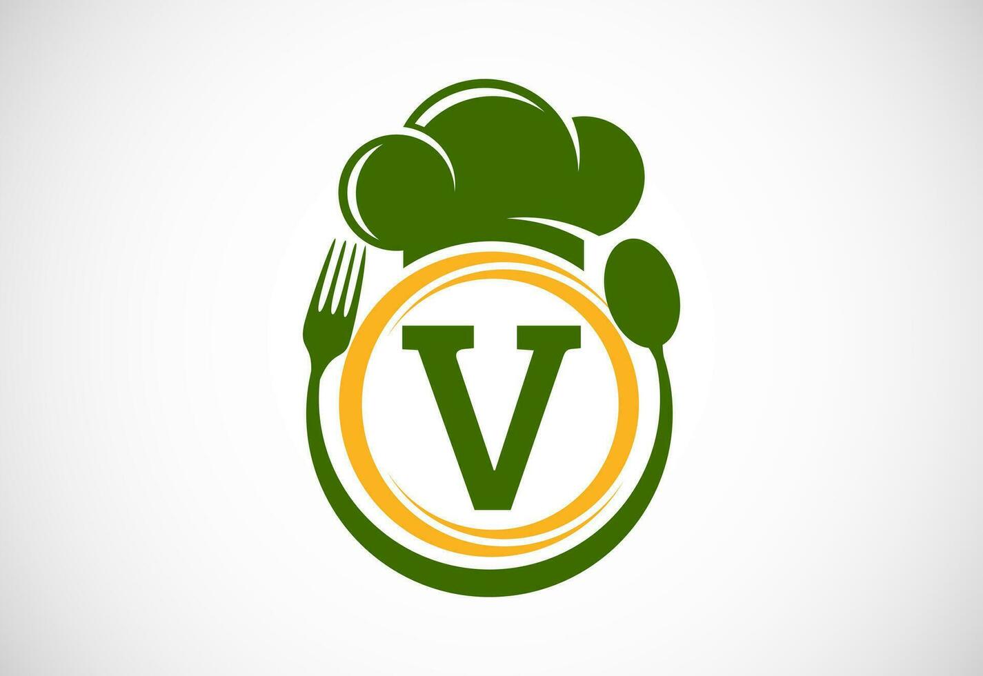 inicial alfabeto v con cocinero sombrero, cuchara y tenedor. moderno vector logo para cafetería, restaurante, Cocinando negocio, y empresa identidad