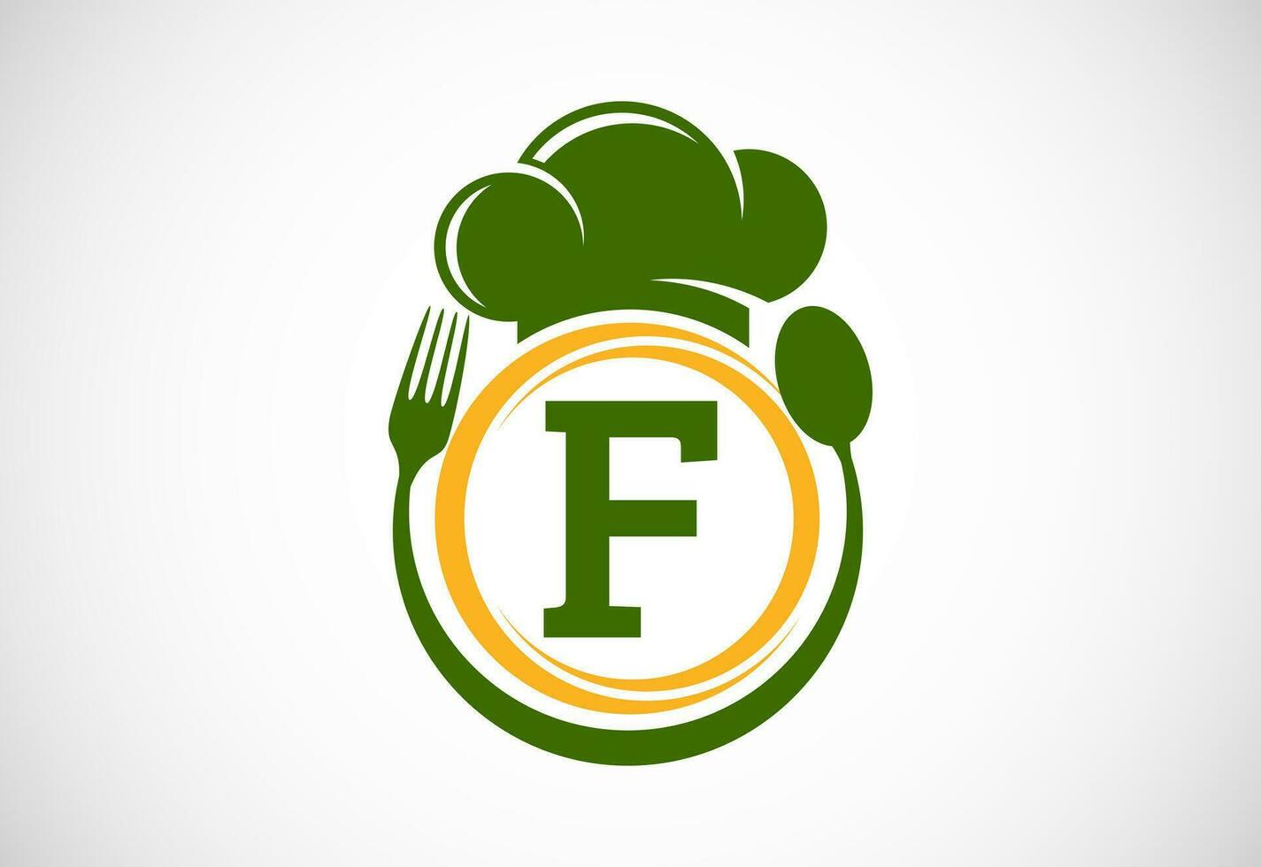 inicial alfabeto F con cocinero sombrero, cuchara y tenedor. moderno vector logo para cafetería, restaurante, Cocinando negocio, y empresa identidad