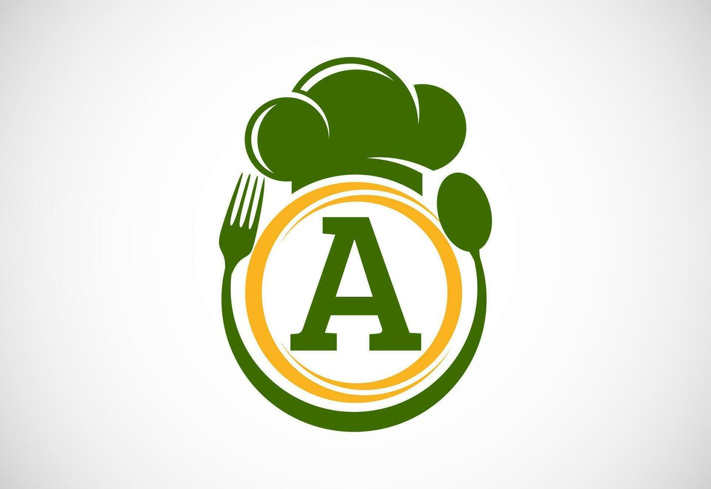 Initial alphabet A with chef hat, spoon and fork. Modern vector logo for cafe, restaurant, cooking business, and company identity