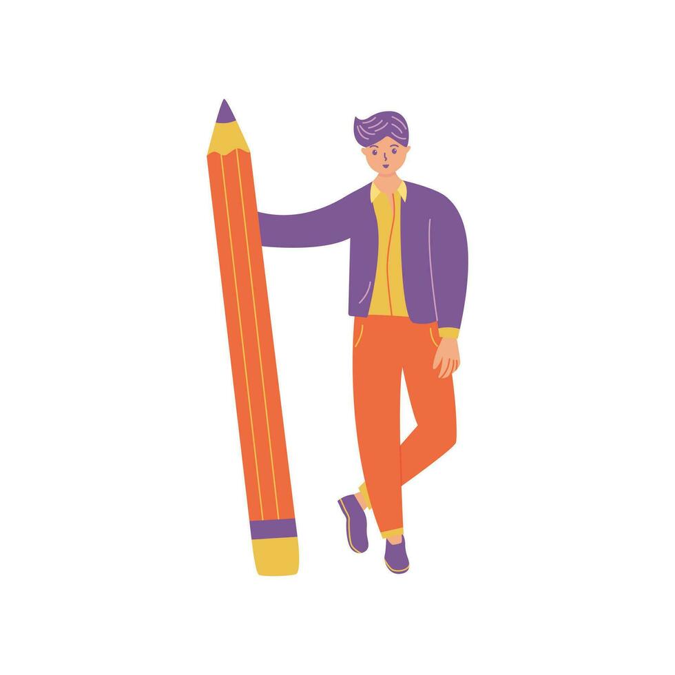Student with pencil. Vector flat creative illustration