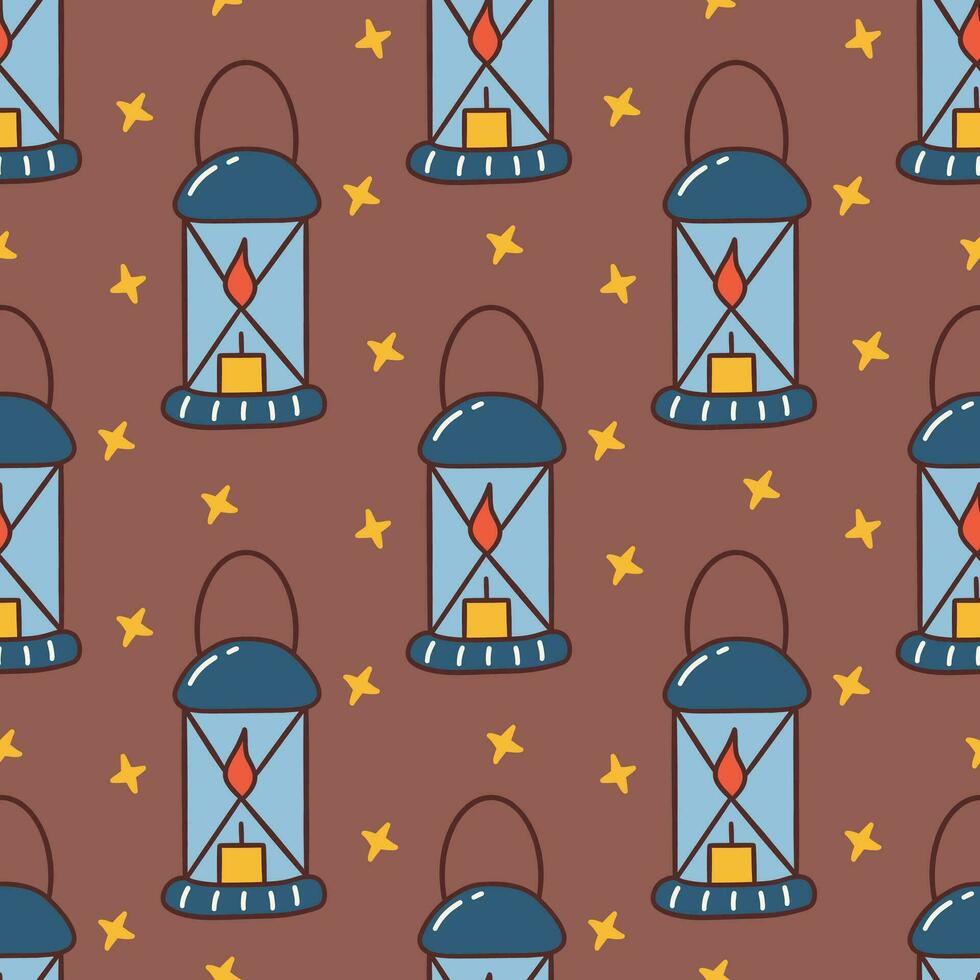 Seamless pattern with blue lantern with burning candle. Vector