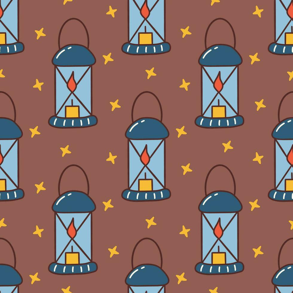 Seamless pattern with blue lantern with burning candle. Vector