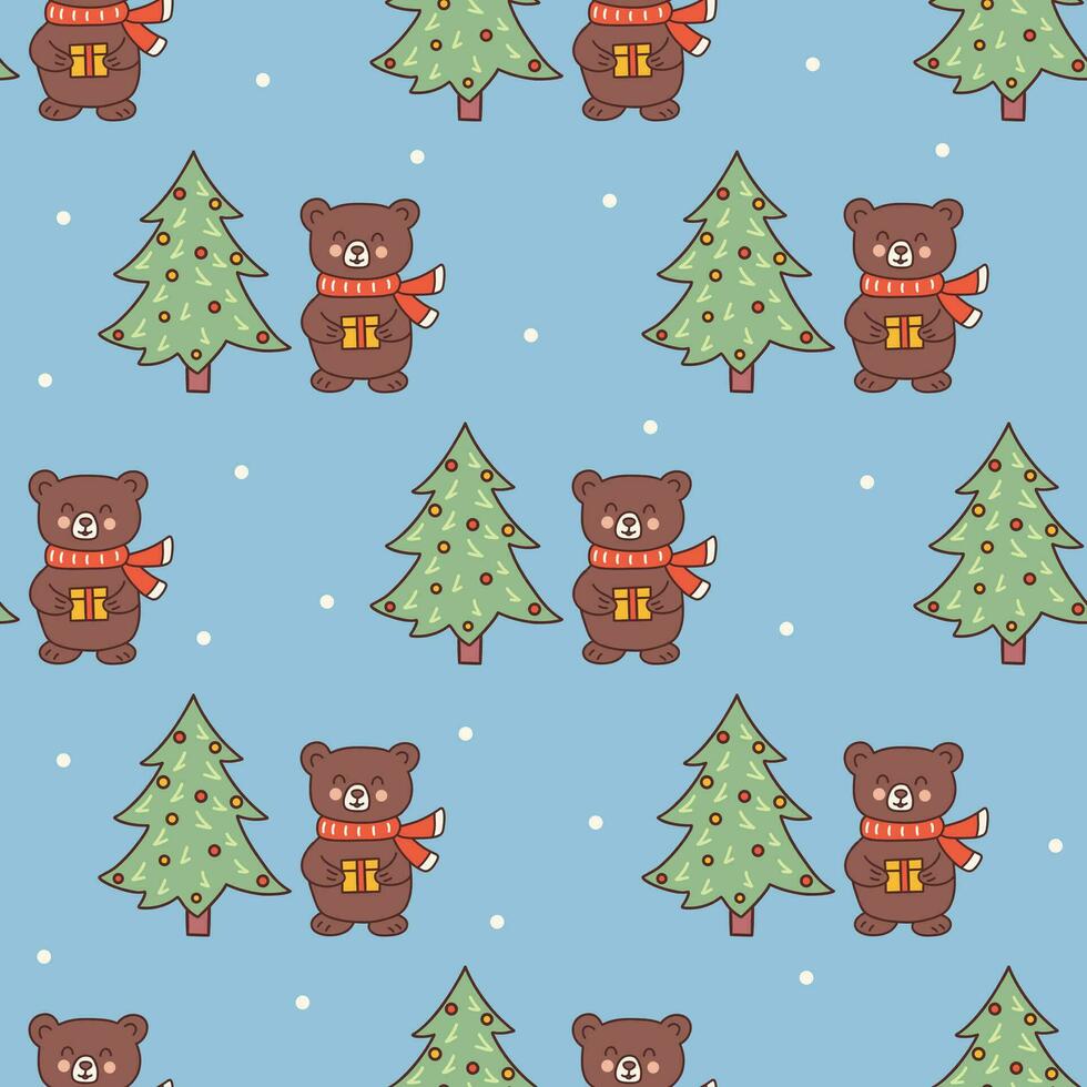 Seamless pattern. Bear holding gift next to Christmas tree. Vector