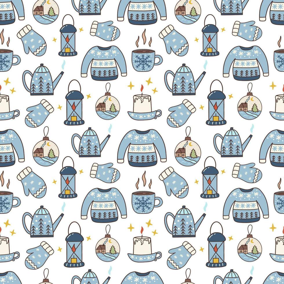 Seamless Christmas pattern. Lantern, kettle, mitten, glass balls. Vector