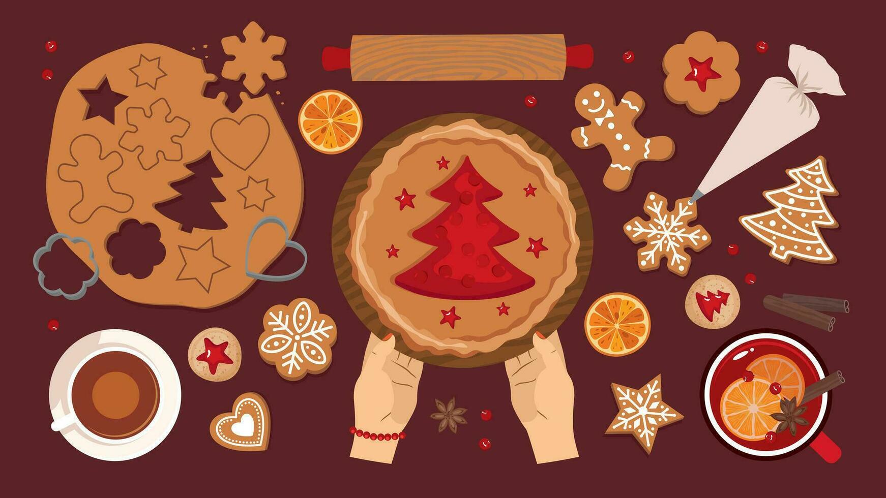 Cooking gingerbread and Christmas baking set. View from above. Preparation and decoration of gingerbread cakes of different shapes. A pie with a Christmas tree. Top view. Illustrated vector clipart.