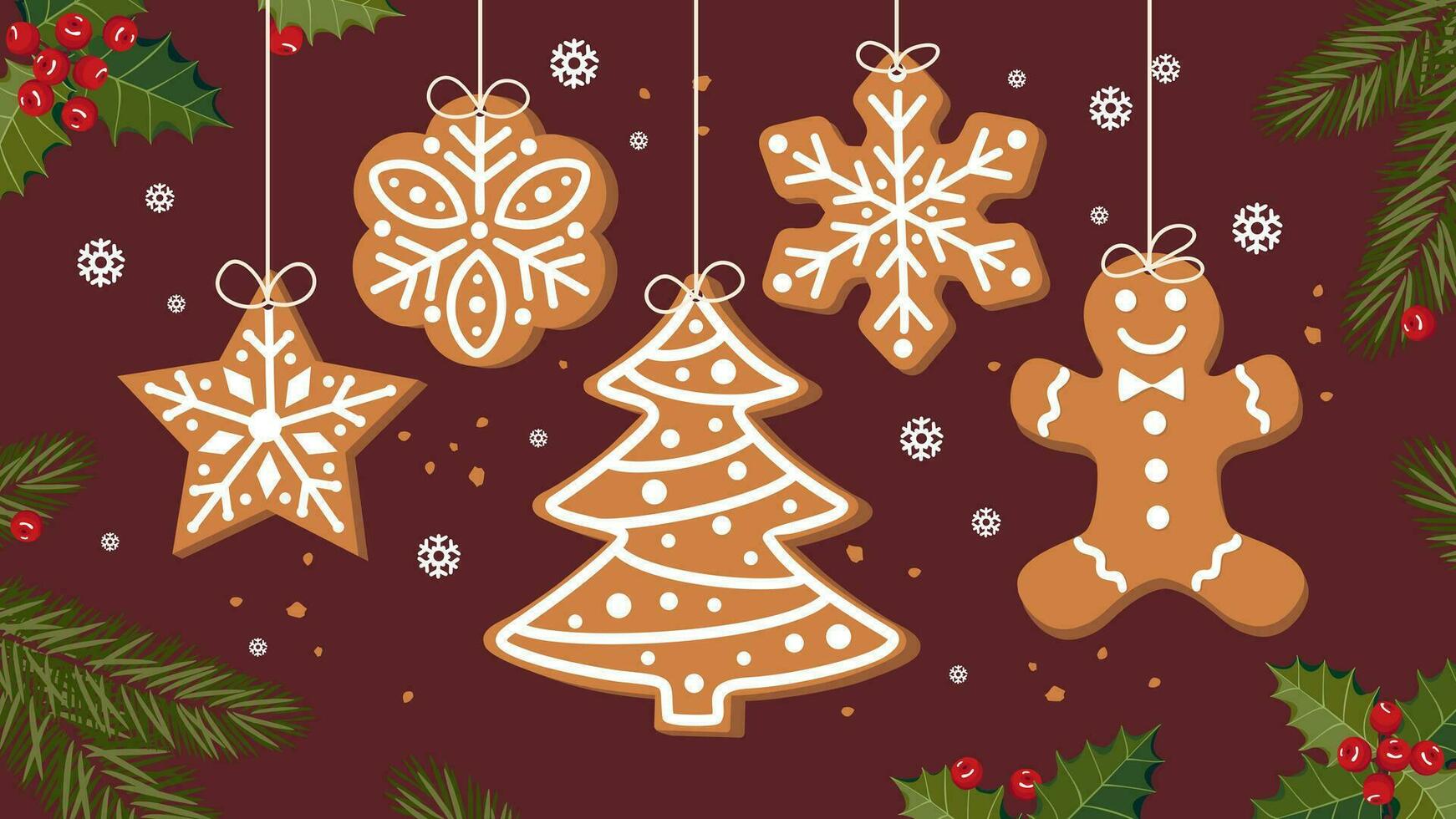 WebHanging garland of Christmas gingerbread. A set of gingerbread cookies of different shapes. Gingerbread garland on a background of pine branches and holly leaves. Illustrated vector clipart.