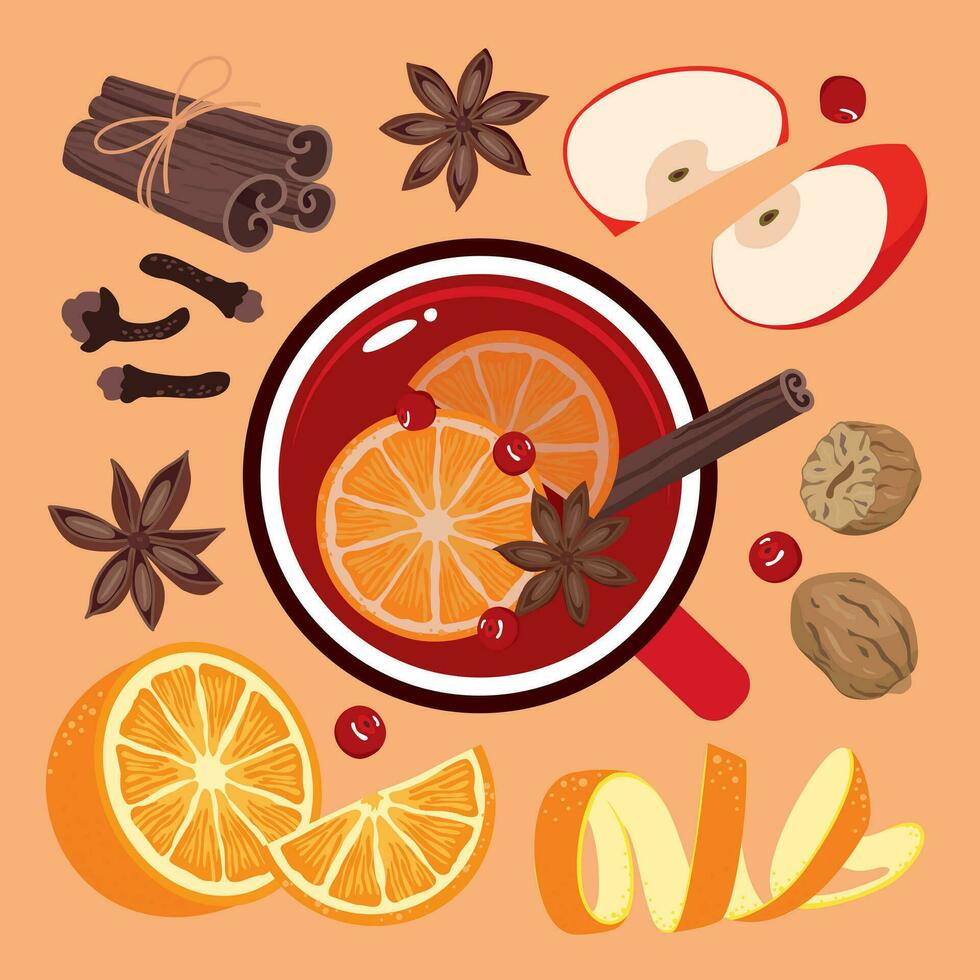 A set of spices and ingredients for mulled wine. A large red cup of mulled wine with spices. View from above. Illustrated vector clipart.