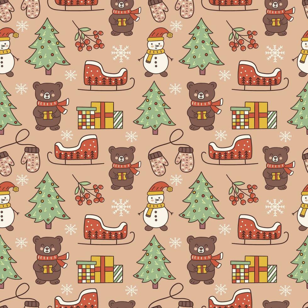 Seamless pattern. Bear and Christmas tree, snowman, sleigh. Vector