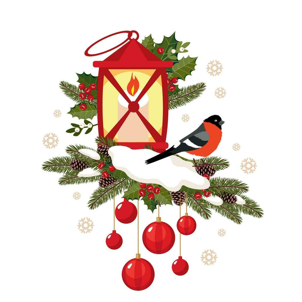 Bullfinch on a fir branch with a vintage red lantern and Christmas balls. Vintage lamp decorated with holly, mistletoe, spruce branches with bullfinch. Illustrated vector clipart.