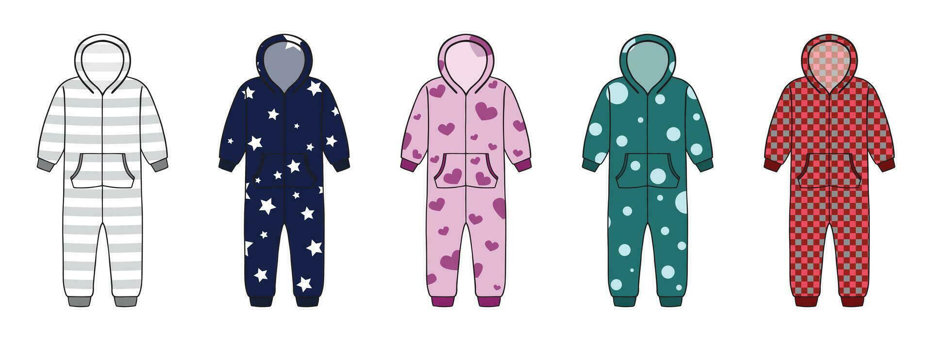 Set of kigurumi pajamas with different patterns. Hand drawn illustration. Vector illustration on white background