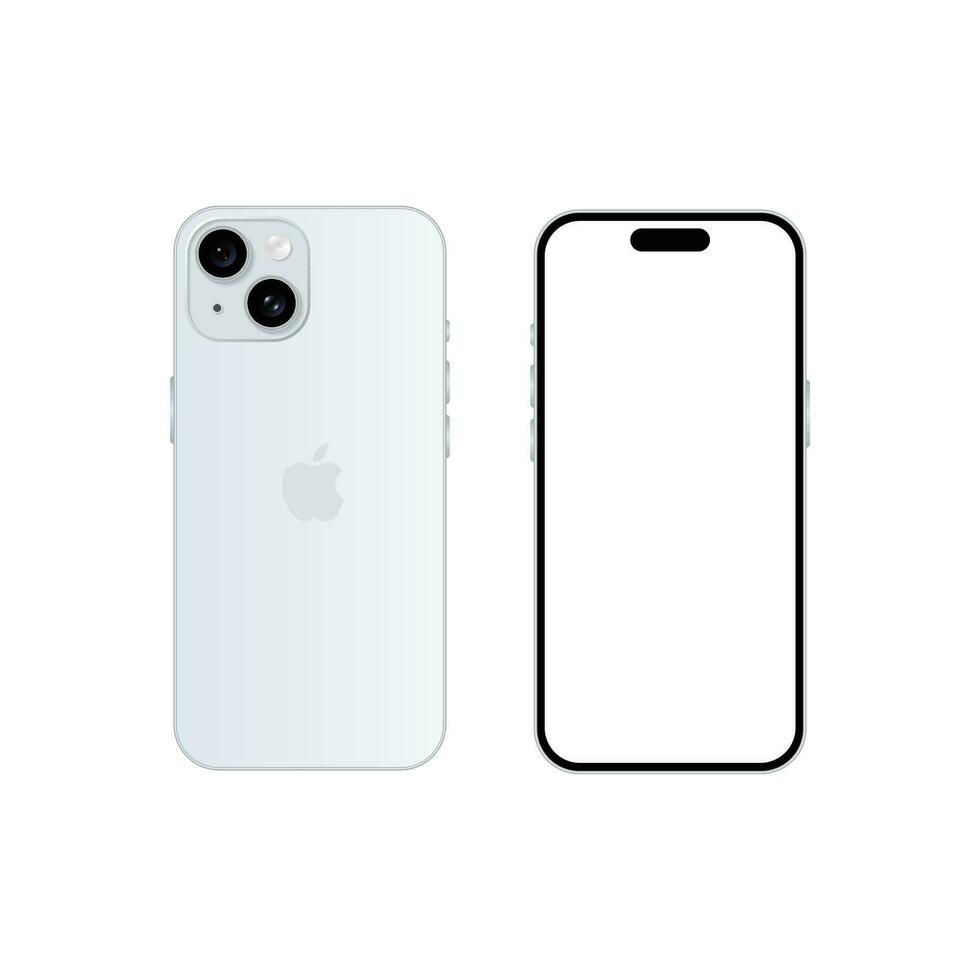 Iphone 15 model. Blue color. Front view and back view. Vector mockup. Vector illustration