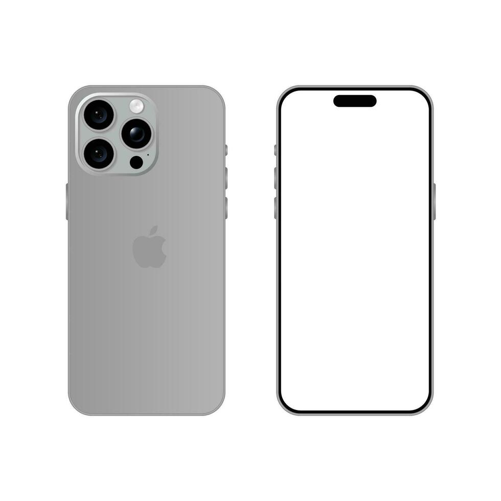 Iphone 15 Pro model. Natural titanium color. Front view and back view. Vector mockup. Vector illustration