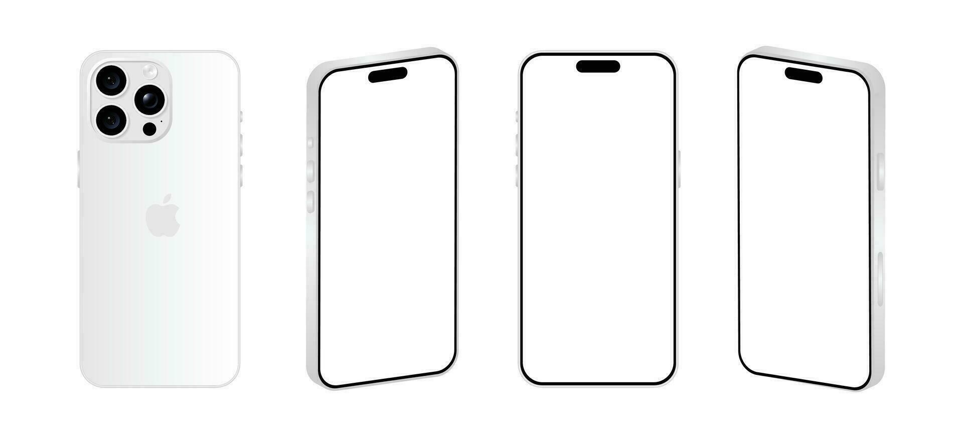 Iphone 15 Pro model. White titanium color. Front view, back view and different view. Vector mockup. Vector illustration