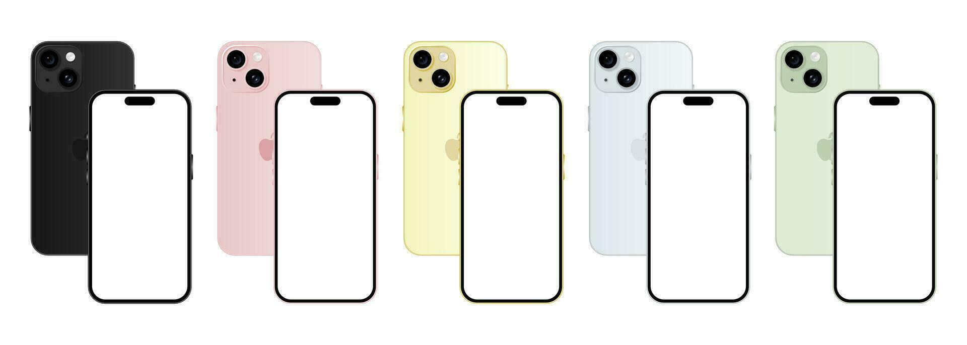 Iphone 15 model. All colors. Front view and back view. Vector mockup. Vector illustration