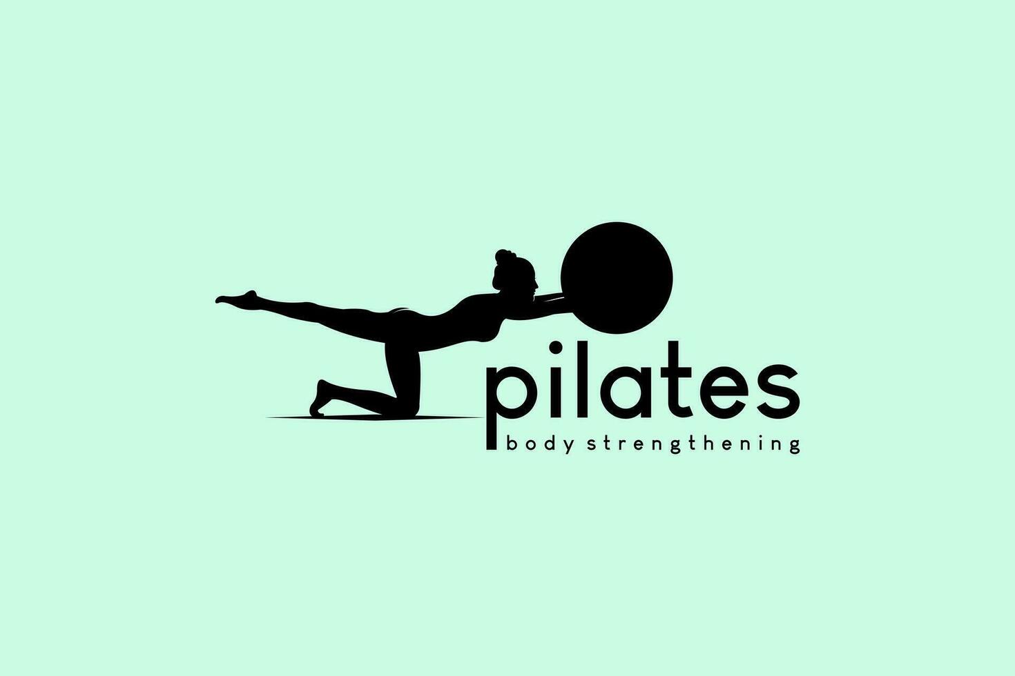 pilates logo diseño con silueta de mujer levantamiento uno pierna y atención participación yoga pelota vector