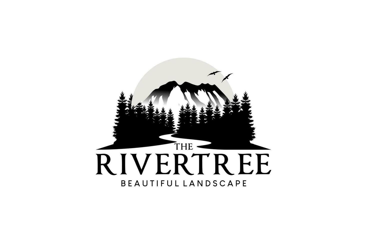 río árbol logo diseño, montaña arboles río paisaje vector silueta