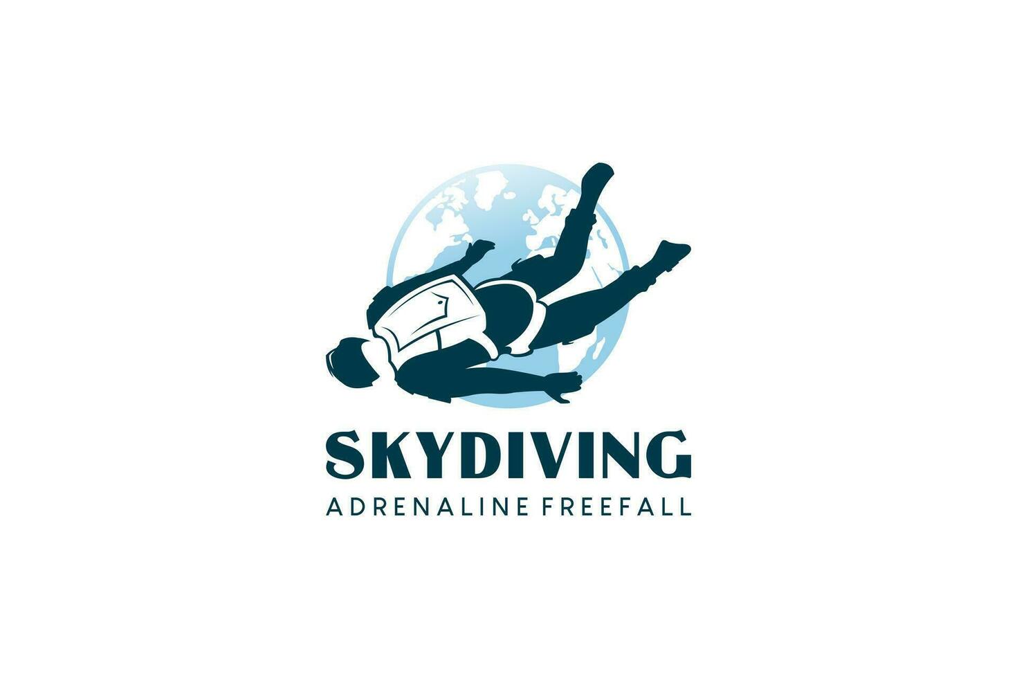 Vector silhouette of person in free fall with globe background, skydiving sport logo design