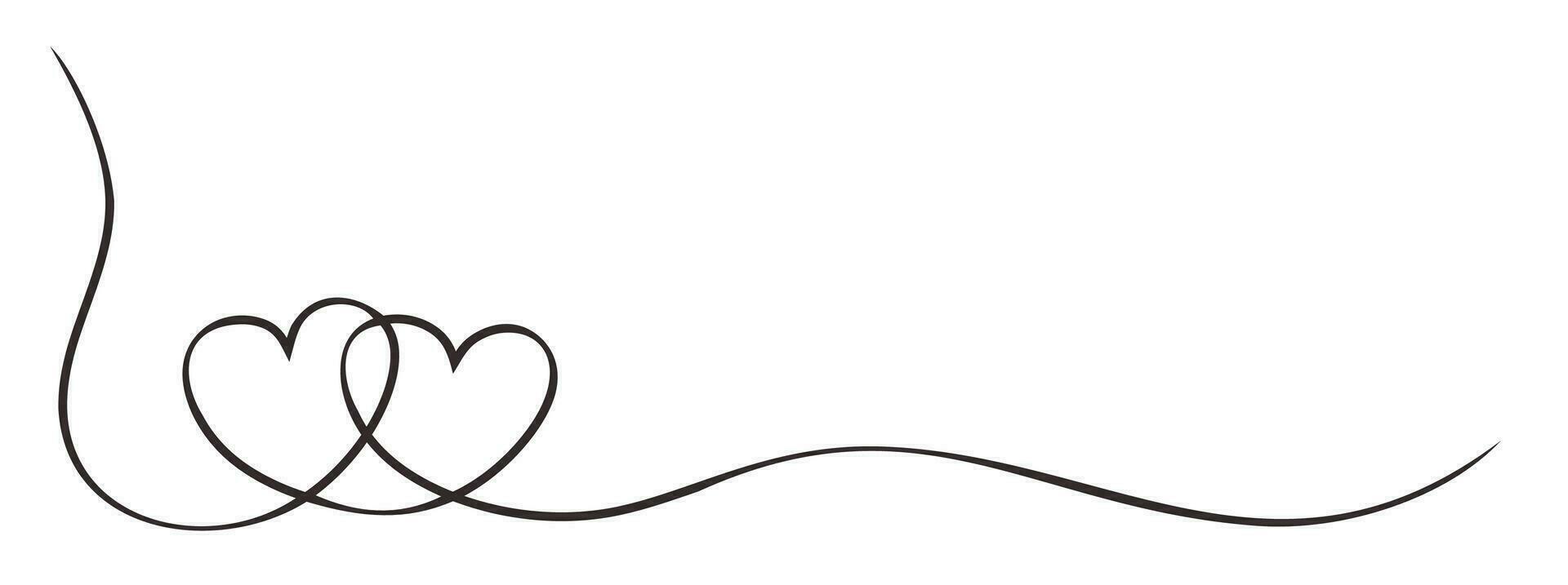 One line drawing of two linked hearts with copy space. Artistic two red hearts icon with negative space. Hand drawing hearts. vector