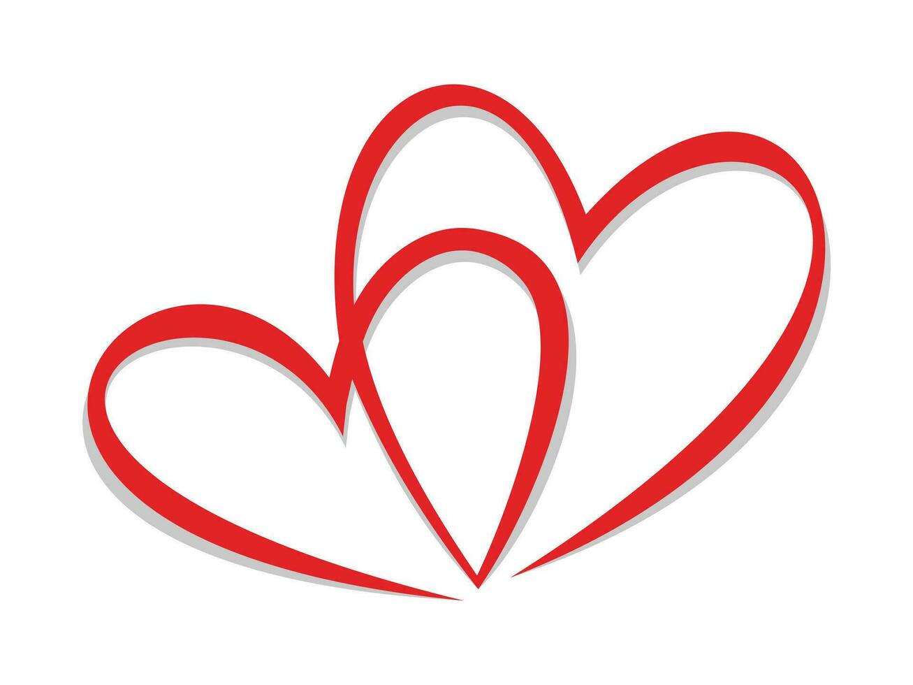 Two linked hearts. Two hearts become one image. One line drawing of two heart. Two red hearts. vector
