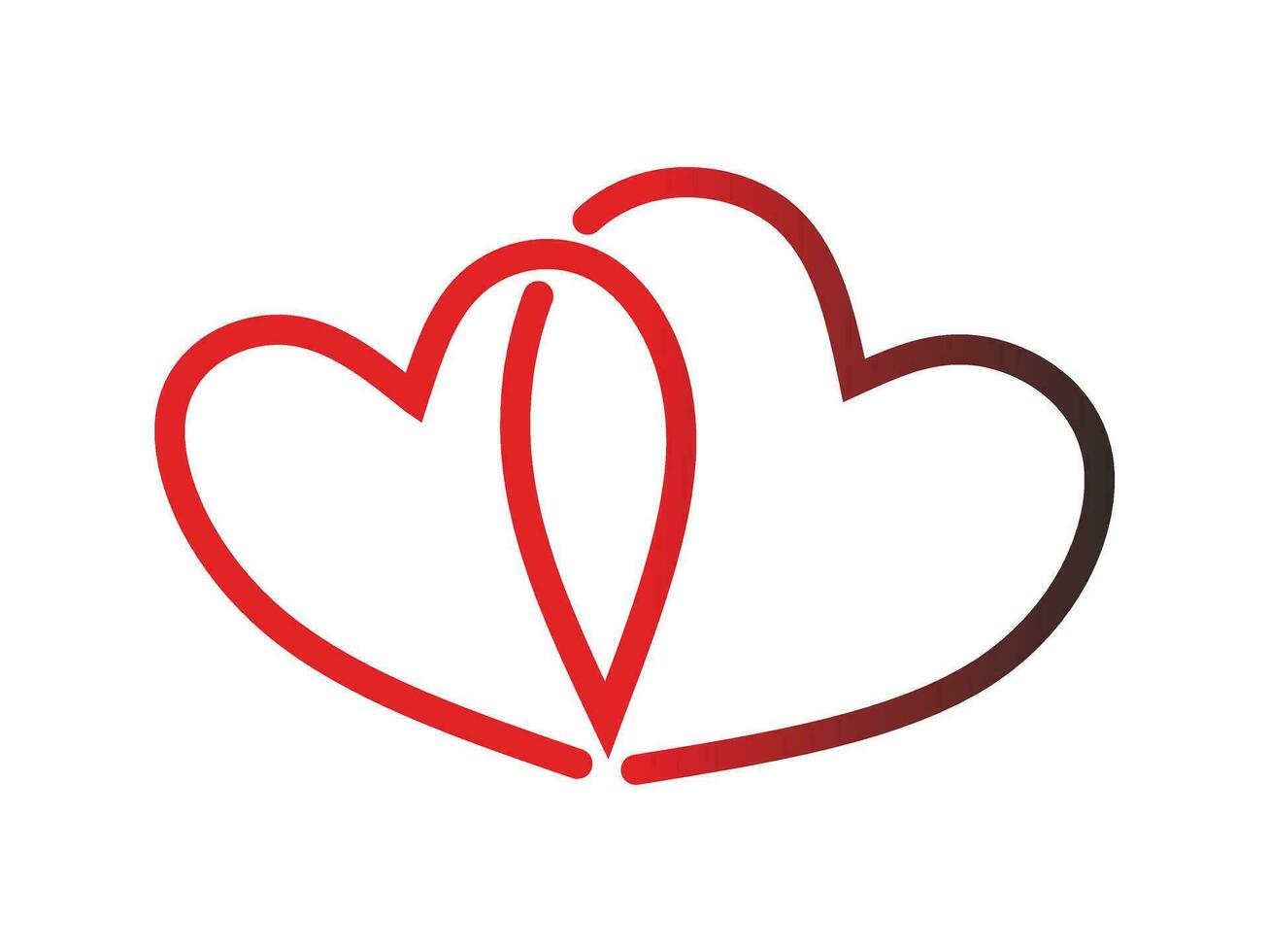 Two linked hearts. Two hearts become one image. One line drawing of two heart. Two red hearts. vector