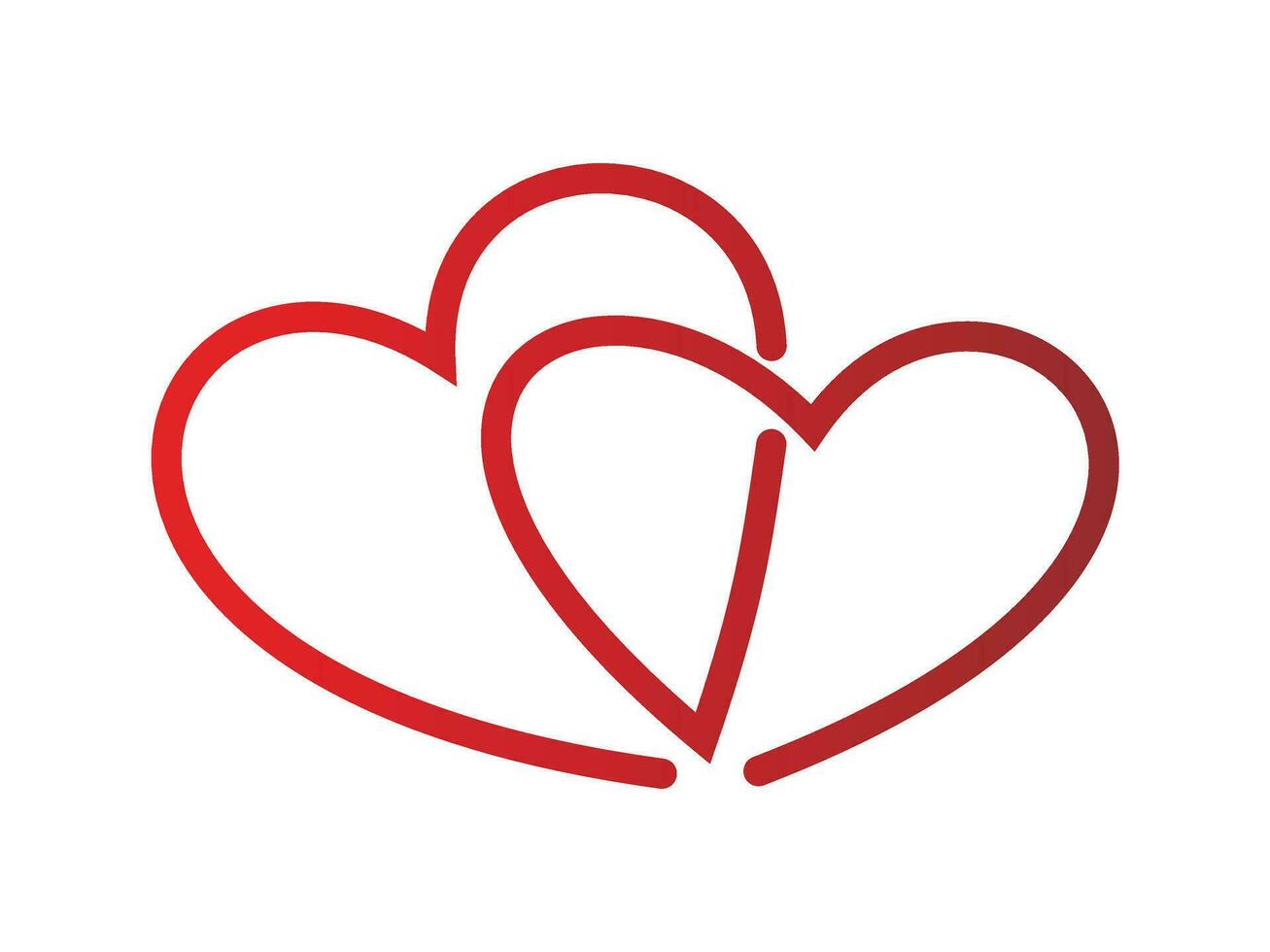 Two linked hearts. Two hearts become one image. One line drawing of two heart. Two red hearts. vector