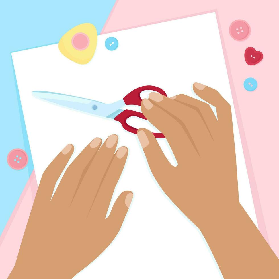 Two female hands and scissors on a background with sewing tools vector