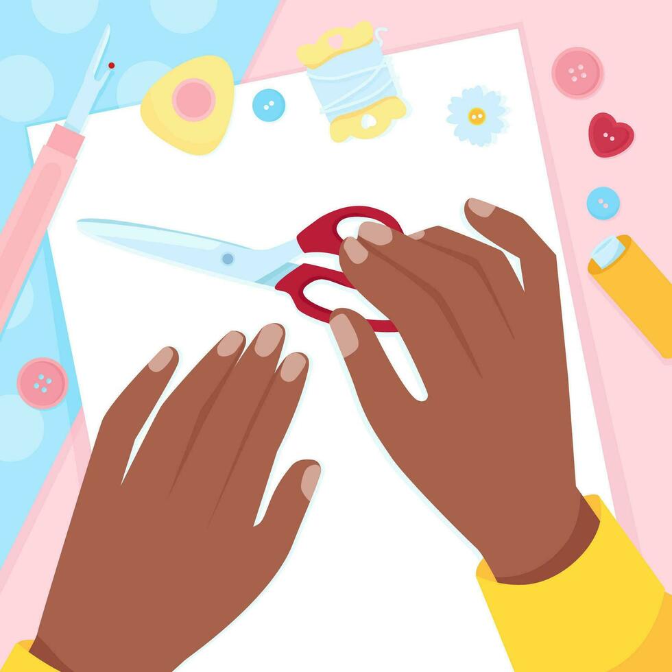 Hands of a dark-skinned woman with scissors and sewing tools vector