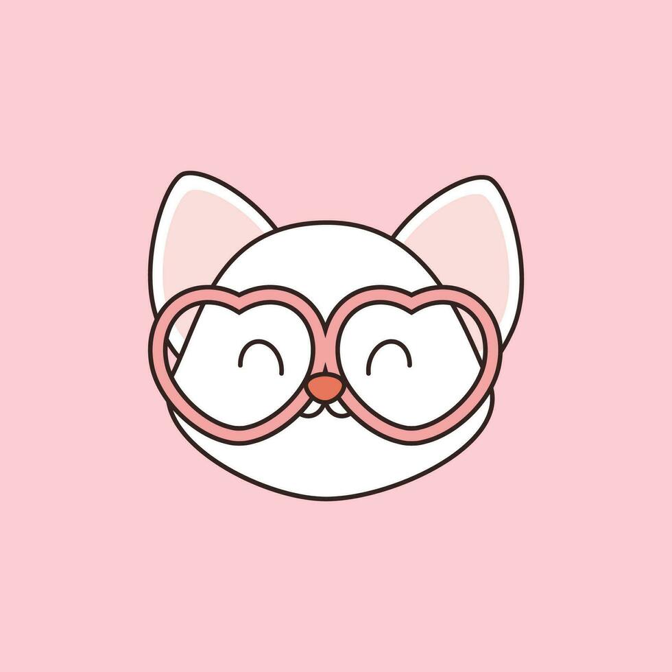 Cute kawaii white cat face with heart glasses vector