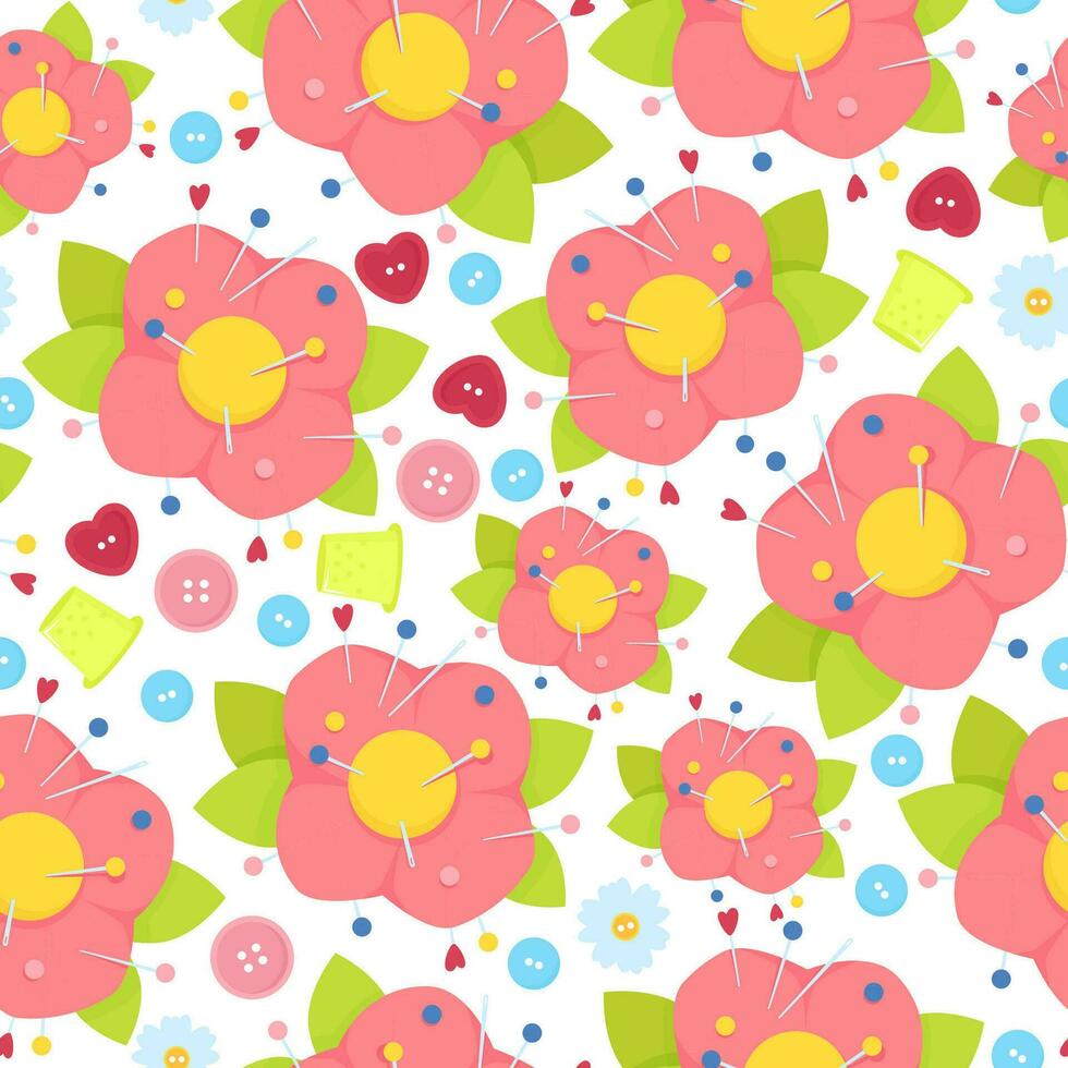 Seamless pattern of needle cushions and sewing buttons vector