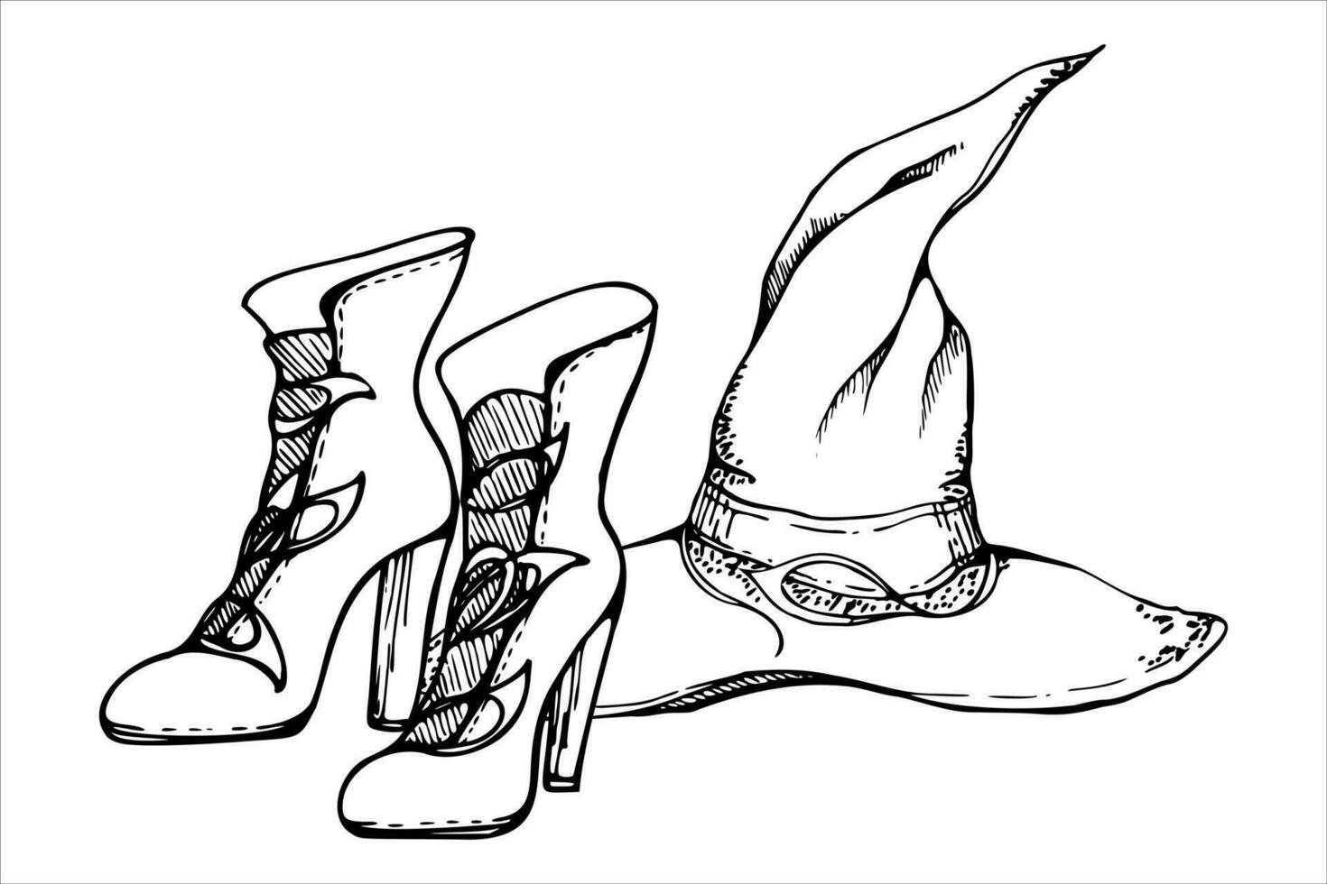 Hand drawn ink vector witch magician pointy hat with high heel women boots. Illustration art for Halloween, party, witchcraft. Isolated composition, outline. Shops, logo, print, website, card, costume