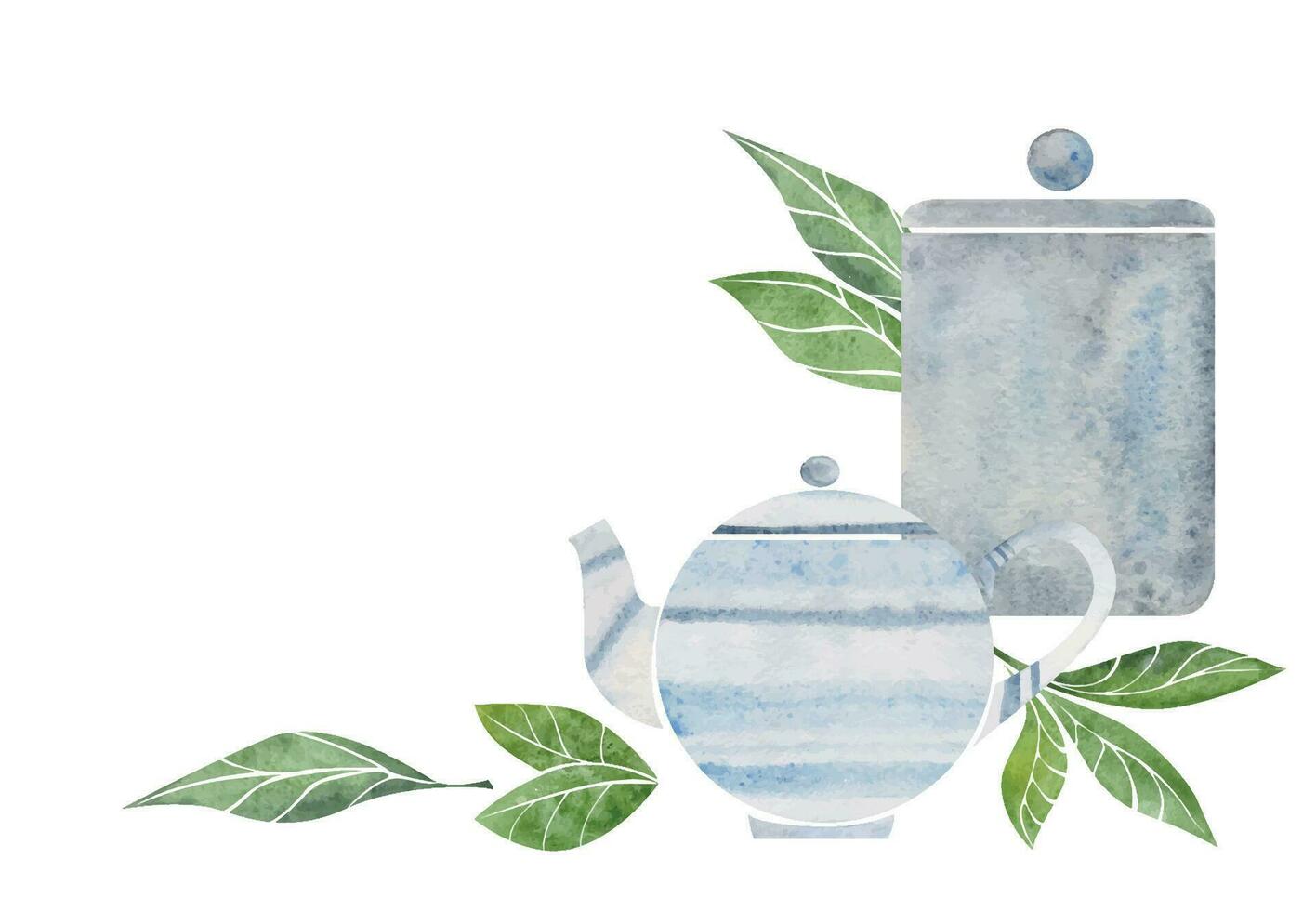 Watercolor hand drawn illustration. White porcelain globular striped teapot and storage jar. Isolated objects on white background. For invitations, cafe, restaurant food menu, print, website, cards vector