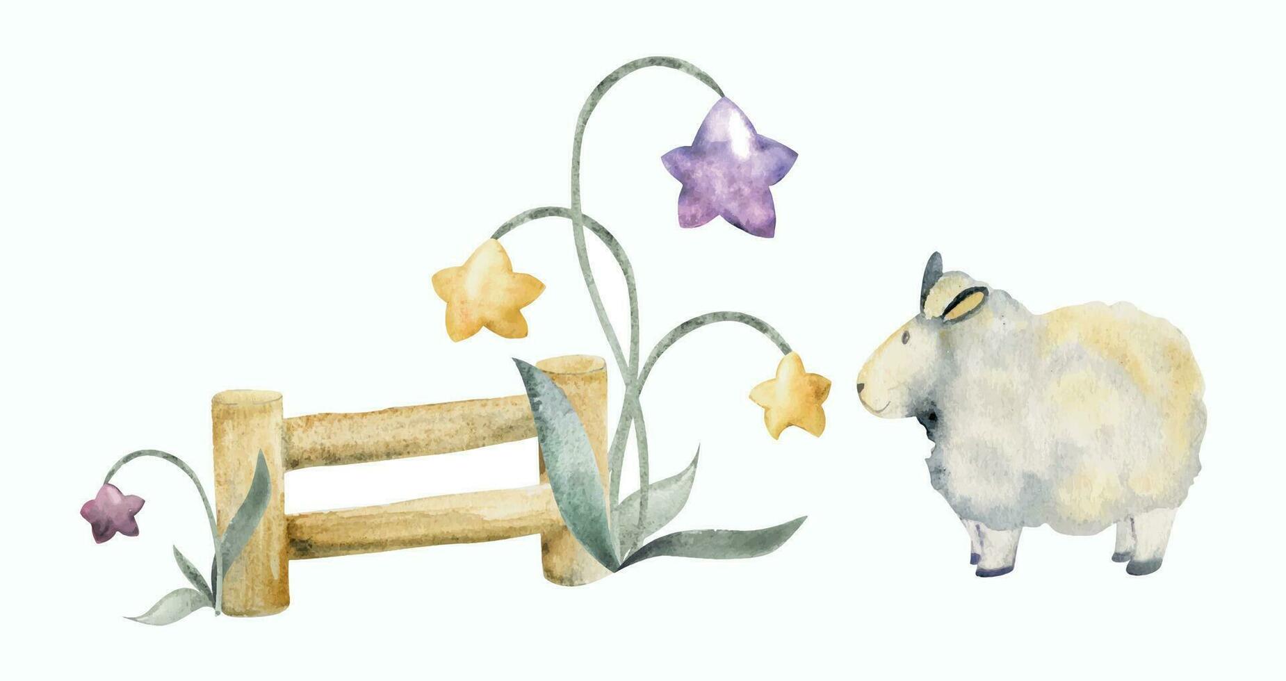 acuarela mano dibujado ilustración, linda pequeño felpa bebé oveja saltando cerca, estrella flores texturizado efecto. composición aislado en blanco antecedentes. para niños niños dormitorio, tela, ropa de cama impresión vector