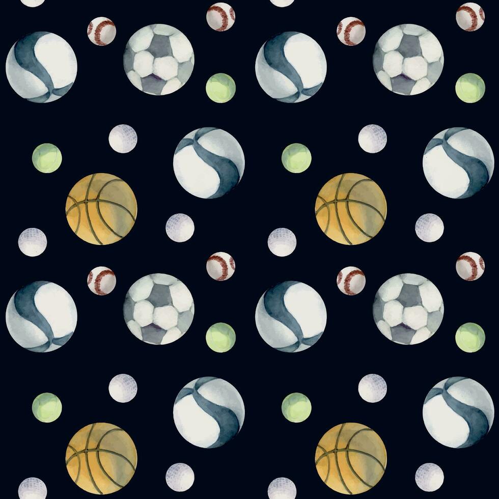 Hand drawn watercolor team sports gear equipment, balls mix, training, health fitness lifestyle. Illustration isolated seamless pattern on dark background. Design poster, print, website, card, shop vector