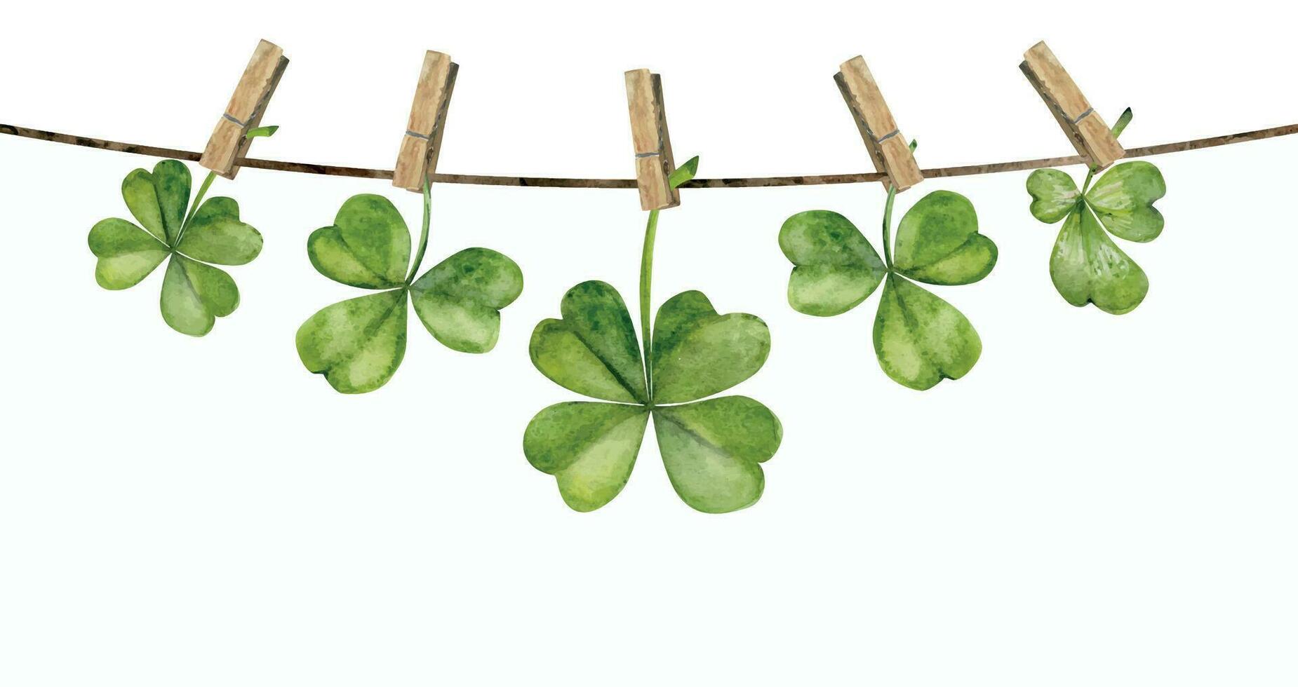 Watercolor hand drawn illustration, Saint Patrick holiday. Ireland tradition, symbols, clover leaf on rope and clothespin. Composition isolated on white background. Invitations, print, website, cards. vector