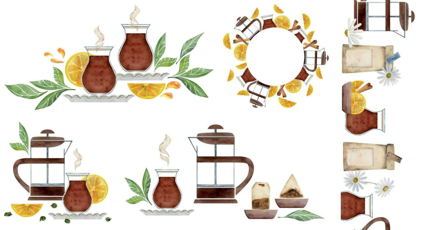 acuarela mano dibujado ilustración. tetera, té limón canela platos paquete. conjunto de composiciones aislado en blanco antecedentes. para invitaciones, cafetería, restaurante comida menú, imprimir, sitio web, tarjetas vector