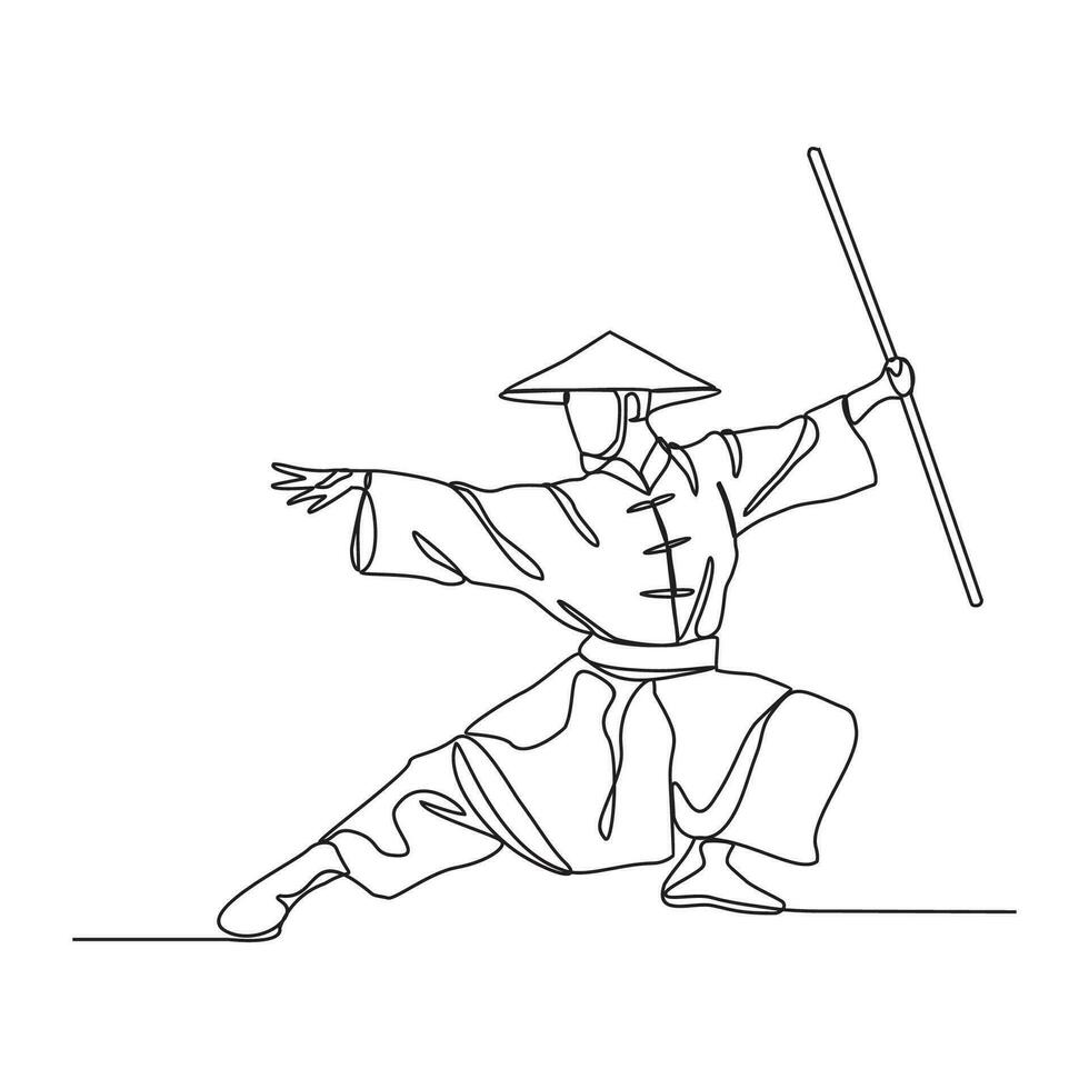 uno continuo línea dibujo de un kungfu Maestro vector ilustración. un kungfu Maestro ilustración sencillo lineal estilo concepto vector. chino kungfu Maestro diseño vector para tu negocio promoción.