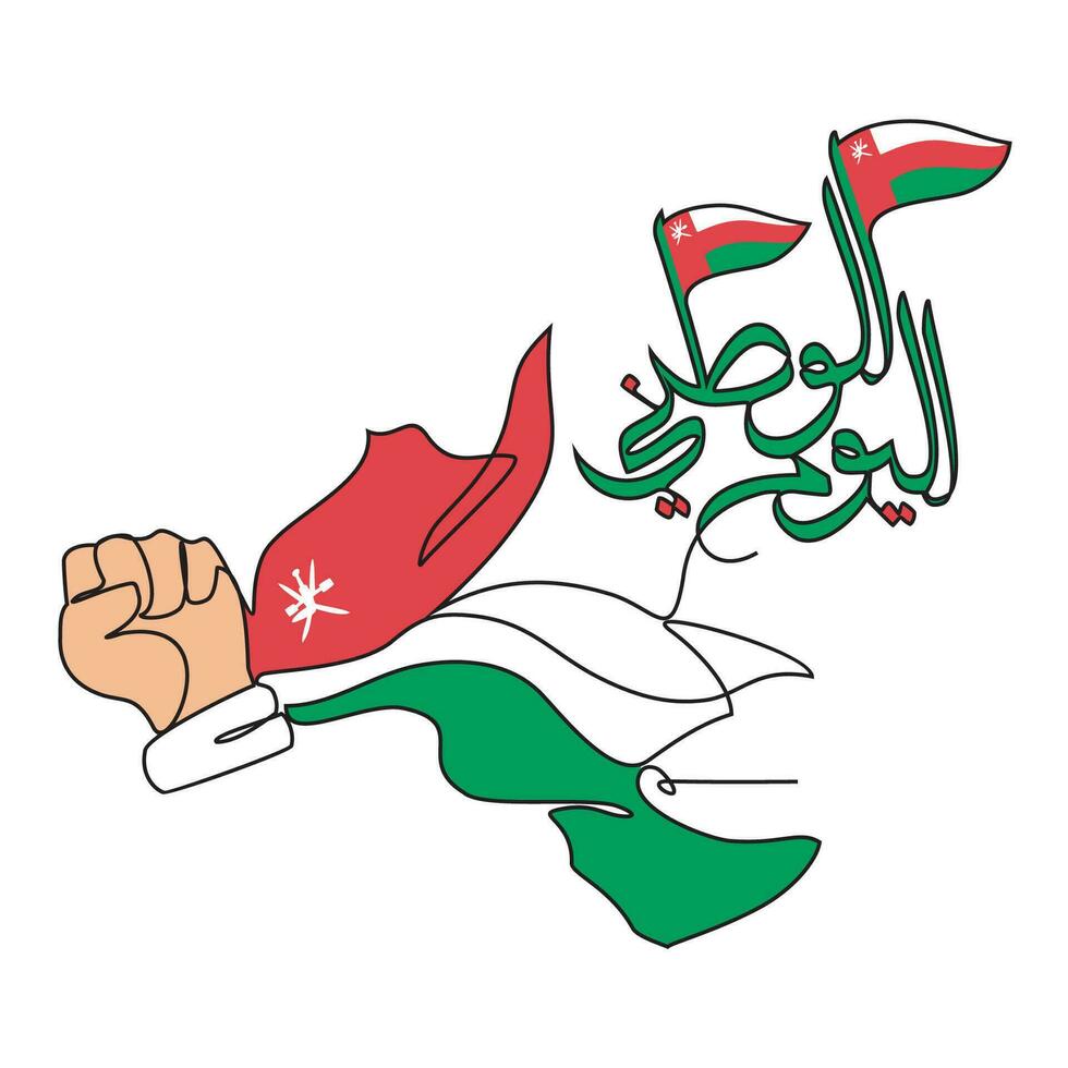 One continuous line drawing of Oman National Day with white background concept. Oman National Day in simple linear style vector illustration. Arabic Translate  Oman National Day