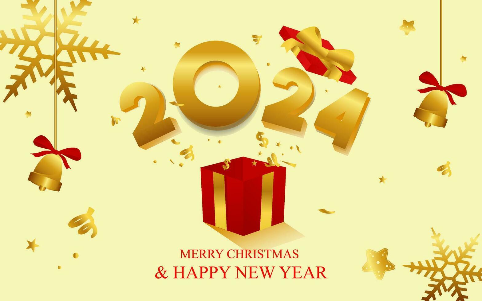 Happy New Year 2024 and Merry Christmas Greeting Card Banner in gold color vector