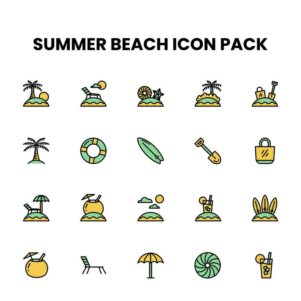 verano playa lleno contorno icono paquete vector