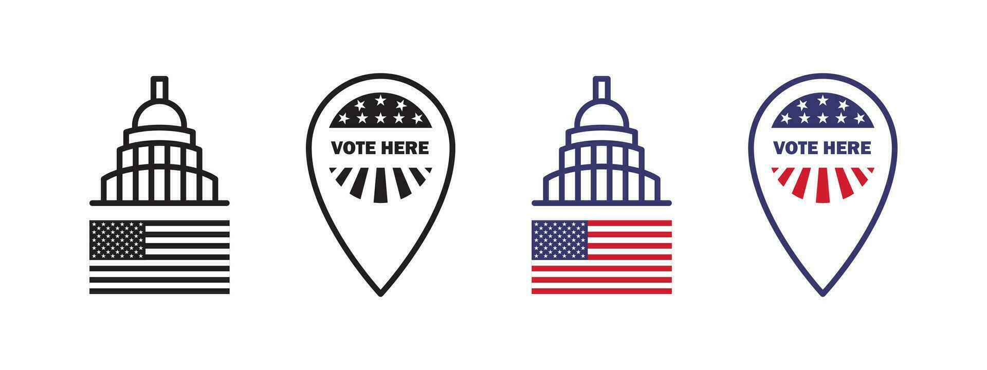 Vote here badges. US Election and voting. Voting in election. Vector scalable graphics