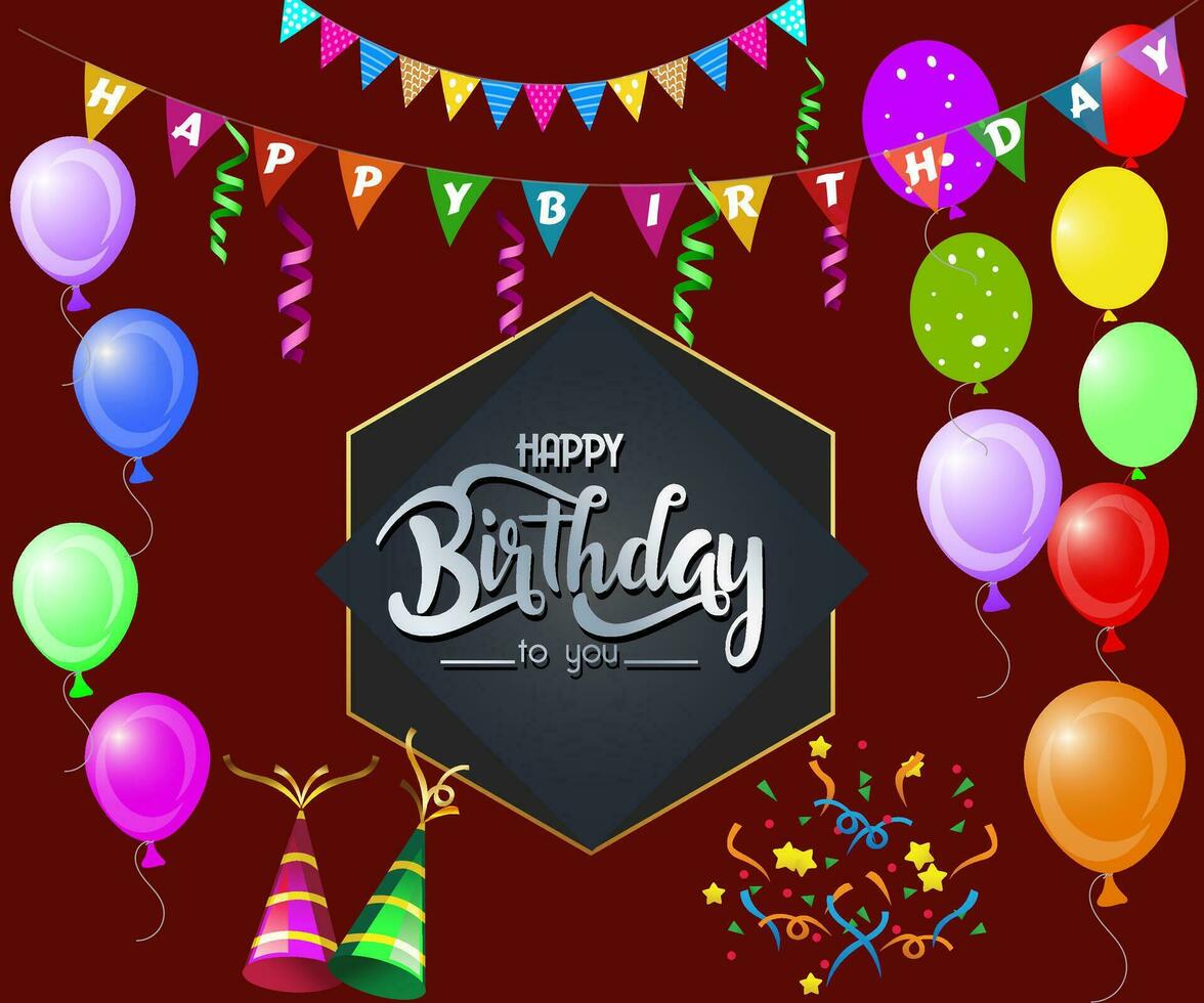 Happy birthday to you text with balloon and confetti decoration element for birth day celebration greeting card design. Vector illustration